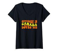 Mujer Somebody in Canada Loves Me in Groovy Wavy Text Camiseta Cuello V