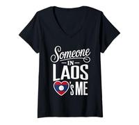 Mujer Someone In Laos Loves Me Heart Flag Long Distance Family Camiseta Cuello V