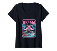 Mujer Soñador Anime Boy con Koi Fish y Vaporwave Estética Camiseta Cuello V