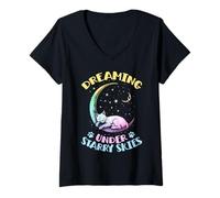 Mujer Soñando Bajo Cielos Estrellados Gato Duerme En La Luna Camiseta Cuello V