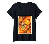 Mujer Sonda Espacial Estilo Voyager con Flor Golden Record de los años 70 Camiseta Cuello V