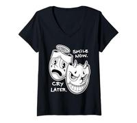 Mujer Sonríe Ahora Llorar Más Tarde Ángel Diablo Feliz Triste Vintage Cartoon Camiseta Cuello V