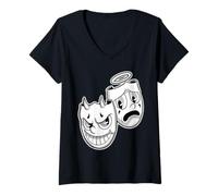 Mujer Sonríe Ahora Llorar Más Tarde Ángel Diablo Feliz Triste Vintage Cartoon Camiseta Cuello V