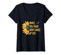 Mujer Sonríe, hiciste la Lista de despertares de Dios Christian Jesus Sunflower Camiseta Cuello V
