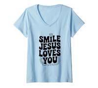 Mujer Sonríe, Jesús te ama, fe Cristiana, inspiradora Camiseta Cuello V