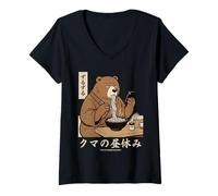 Mujer Sopa de sorber Estilo Manga Retro de los años 70 con Oso Ramen japonés Camiseta Cuello V