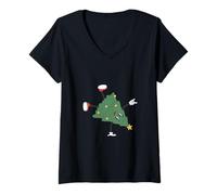 Mujer Soporte de Mano para árbol de Navidad. Diseño Divertido de Navidad Camiseta Cuello V