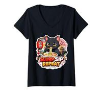 Mujer Sorbo sorbo Repetir Divertido Gato Negro Comiendo Sopa de Fideos Ramen Camiseta Cuello V