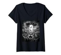 Mujer Sorprendido Gato Selfie Divertido OVNI Vacas Abducción Proyecto Alienígena Camiseta Cuello V