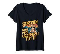 Mujer Sorridi Non Puoi Ucciderli Tutti - Frase Ironica e Tagliente Camiseta Cuello V