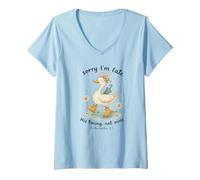 Mujer Sorry I’m Late His Timing Not Mine Duck Ecclesiastes 3:1 Camiseta Cuello V