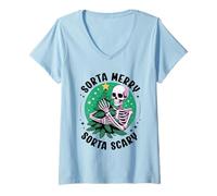Mujer Sorta Merry Sorta Scary Skeleton Árbol de Navidad Divertido Navidad Camiseta Cuello V