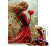 Mujer sosteniendo un corazón en un Campo Rompecabezas de 1000 Piezas para Adultos Ejercicio Mental Escape Sereno Cierre Seguro Regalo Ideal (38x26cm)