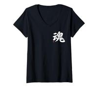 Mujer Soul Kanji en Letra Japonesa símbolo de Japón en la Parte Delantera y Trasera Camiseta Cuello V