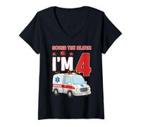 Mujer Sound The Alarm I'm 4 Years Old Birthday Kid Ambulancia Camiseta Cuello V