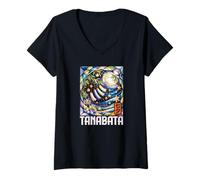 Mujer Souvenir de Kanji japonés del Tanabata Japan Star Festival Camiseta Cuello V