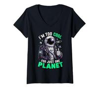 Mujer Soy Demasiado Genial para un Solo Planeta Astronauta Espacial Astronomía Camiseta Cuello V