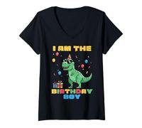 Mujer Soy el cumpleañero Trex Dino Party Family Match Boys Kids Camiseta Cuello V