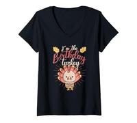 Mujer Soy el cumpleaños Pavo Divertido Día de Acción de Gracias Cena Comida Camiseta Cuello V
