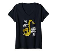 Mujer Soy Saxy Y Lo Sabes Divertido Juego de Palabras Musicales Camiseta Cuello V