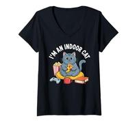 Mujer Soy un Gato de Interior Introvertido Pizza Popcorn Book Gamer Cat Camiseta Cuello V