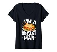 Mujer Soy un Hombre de Pecho Pavo Cena Comida Divertido Día de Acción de Gracias Camiseta Cuello V