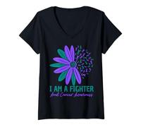 Mujer Soy un luchador Anal Concientización del Cáncer Flor Verde Azulado Púrpura Camiseta Cuello V
