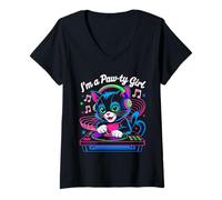 Mujer Soy una chica de pata linda dj de gato amante de la música Camiseta Cuello V