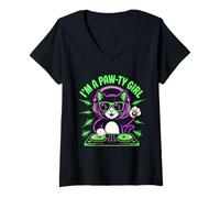 Mujer Soy una chica de pata linda dj de gato amante de la música Camiseta Cuello V