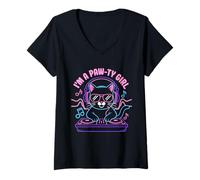 Mujer Soy una chica de pata linda dj de gato amante de la música Camiseta Cuello V
