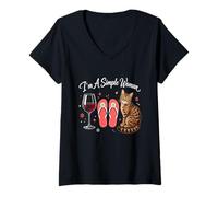 Mujer Soy una Mujer Sencilla, Chanclas de Vino, con Forma de Gato, Divertida, Amante del Verano Camiseta Cuello V