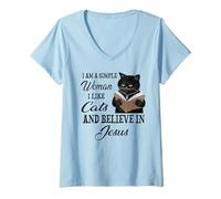 Mujer Soy una Mujer Sencilla Me Gustan los Gatos y Creo en Jesús Camiseta Cuello V