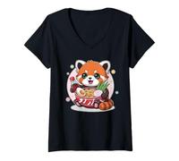 Mujer Soya Cute Soy Hungry Kawaii Ramen Rojo Panda Fideos Juego de palabras Camiseta Cuello V