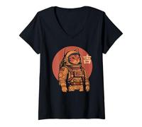 Mujer Space Cat Good Luck Japonés 1950 Retro Estética Kawaii Camiseta Cuello V