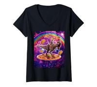 Mujer Space Cat Lover Riding Dinosaurio T Rex Unicorn Pizza Taco Camiseta Cuello V