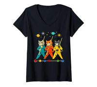 Mujer Space Cat Pool Billar Snooker Astronauta Taco de Mediados de Siglo Camiseta Cuello V