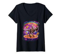 Mujer Space Cat Riding Dinosaur T Rex Unicorn on Pizza and Taco Camiseta Cuello V