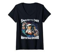 Mujer Space Kitty Crew Meowter Space Explorers Lindo Gatito cósmico Camiseta Cuello V