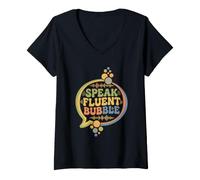 Mujer Speak Fluent Bubble Groovy Vintage Comunicación SLP Terapia Camiseta Cuello V