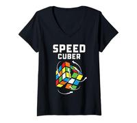 Mujer Speed Cuber Puzzle Cube Solver Diseño de Flecha giratoria Camiseta Cuello V