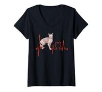 Mujer Sphynx Cat Heartbeat ECG Pulse Funny I Love My Hairless Cats Camiseta Cuello V