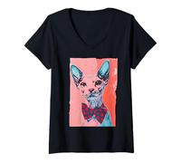 Mujer Sphynx Cat Pop Art Pajarita Ilustración Camiseta Cuello V