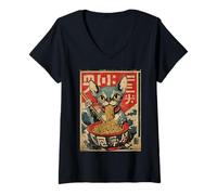 Mujer Sphynx Cat Ramen Fideos Ukiyo-e Arte de Comida Japonesa Camiseta Cuello V