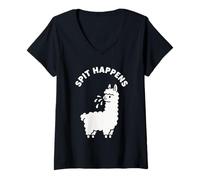 Mujer Spit Happens, Divertido Juego de Palabras con Llamas, diseño para granjeros Amantes de los Animales Camiseta Cuello V