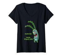 Mujer Spongebob Squarepants Plankton Evil Hot Gas Funny Cartoon Camiseta Cuello V