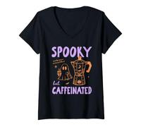 Mujer Spooky But Caffeinated Halloween Coffee Fall Autumn Vibes Camiseta Cuello V