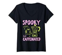 Mujer Spooky But Caffeinated Halloween Coffee Fall Autumn Vibes Camiseta Cuello V