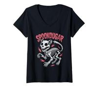 Mujer Spooky Cougar Esqueleto León de Montaña Halloween Camiseta Cuello V