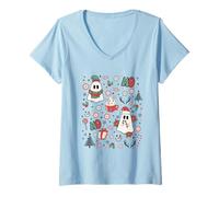 Mujer Spooky Ghost Cute Christmas Ho Ho Merry Holiday Retro Pastel Camiseta Cuello V