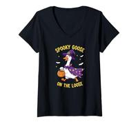 Mujer Spooky Goose On The Loose Funny Witch Pumpkin Halloween Camiseta Cuello V